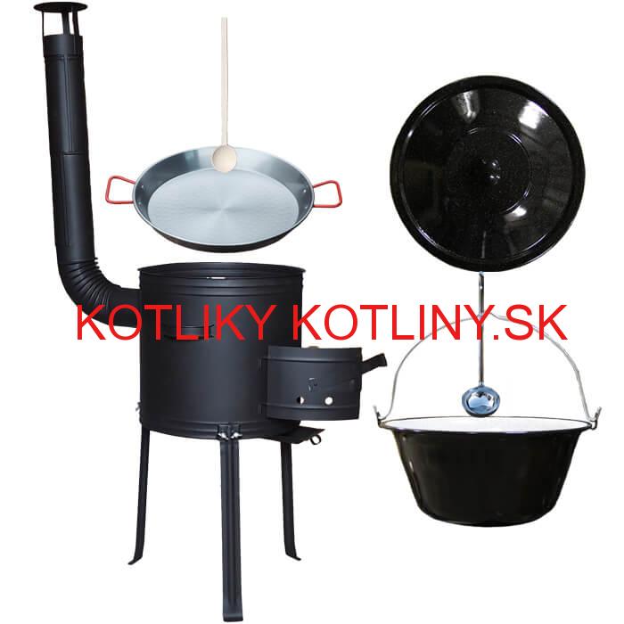 Smaltovaný kotlík 20 L + Paella panvica 46 cm + kovová kotlina s vysokými nožičkami 42 cm, žiaruvzdorná farba Plus 700