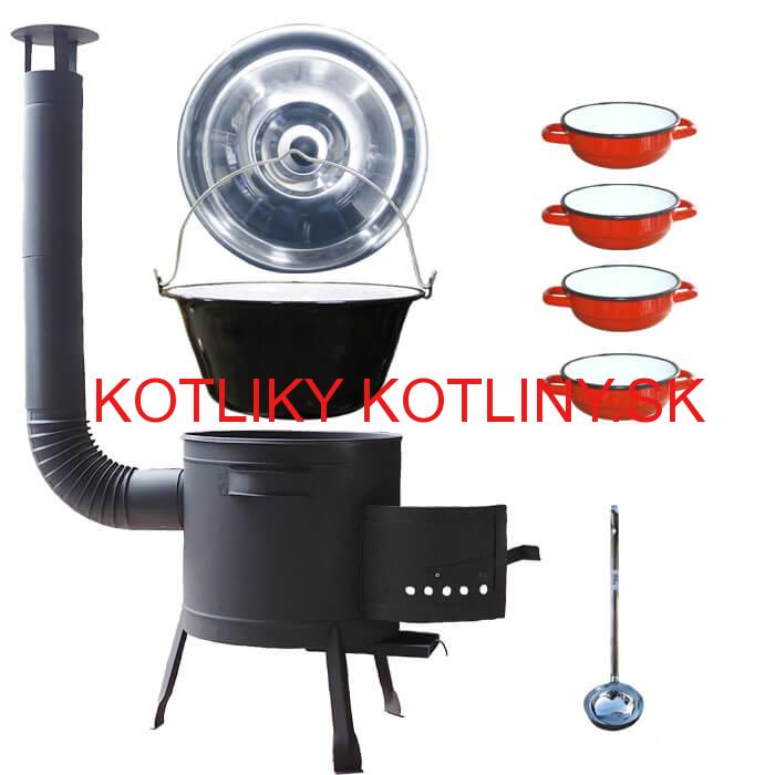 Smaltovaný kotlík 16 L + selské misky 4 ks + nízka žiaruvzdorná kotlina 39 cm PLUS 600