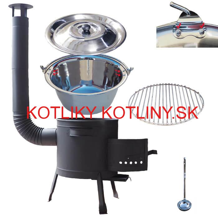 Nerezový kotlík 20 L (0,8 mm) s nitmi INOX + Nerezový rošt 45 cm + nízka žiaruvzdorná kotlina 42 cm PLUS 600