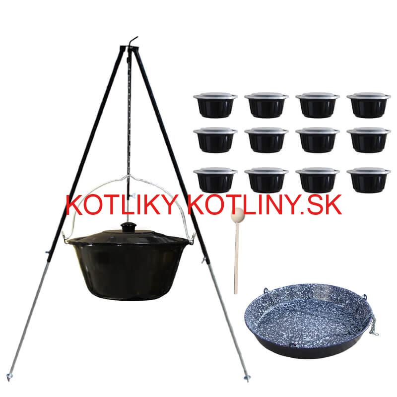Smaltovaný kotlík 30 L + panvica na grilovanie + teleskopická trojnožka + misky 12 ks