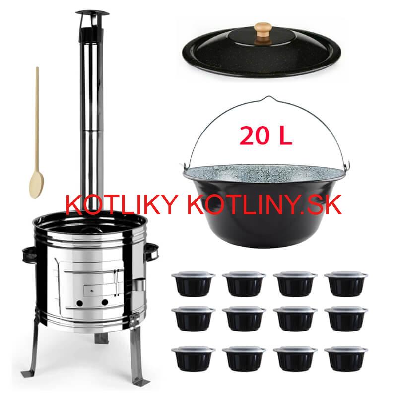 Smaltovaný kotlík 20 L + Nerezová kotlina 42 INOX + vareška + misky 12 ks