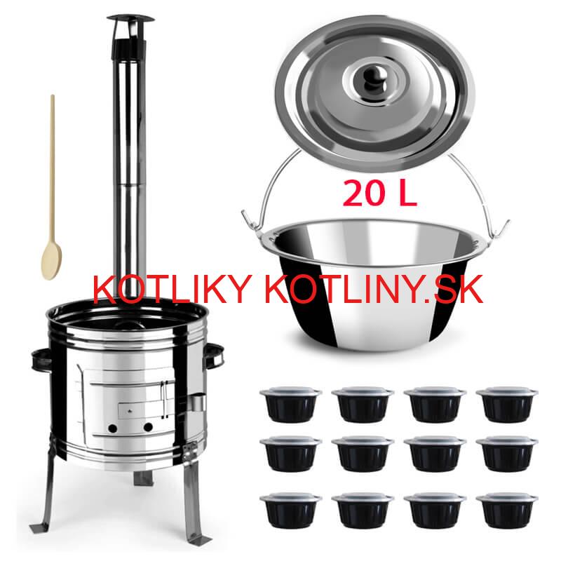 Nerezový kotlík 20 L (1,2 mm) + Nerezová kotlina 42 INOX + vareška + misky 12 ks
