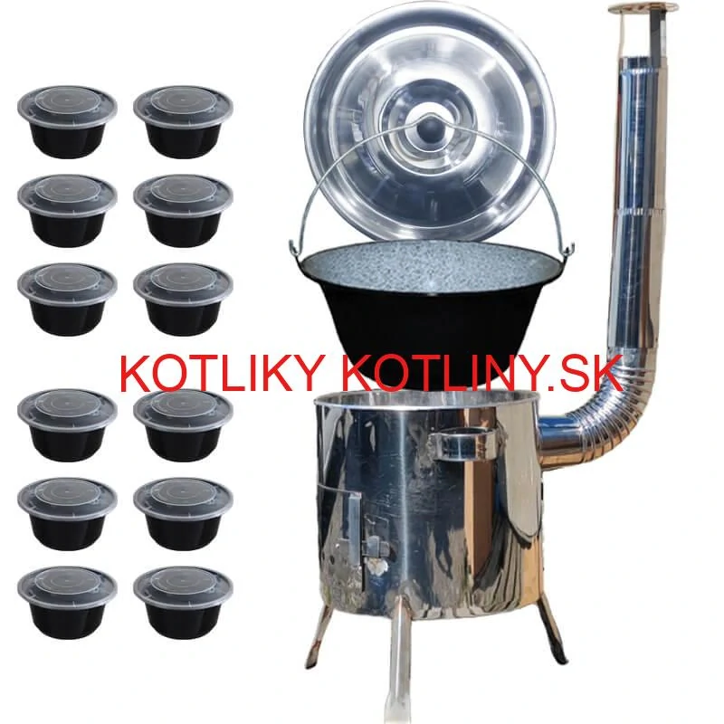 Smaltovaný kotlík 13 L + Nerezová kotlina 36 INOX LUSTRO + misky 12 ks