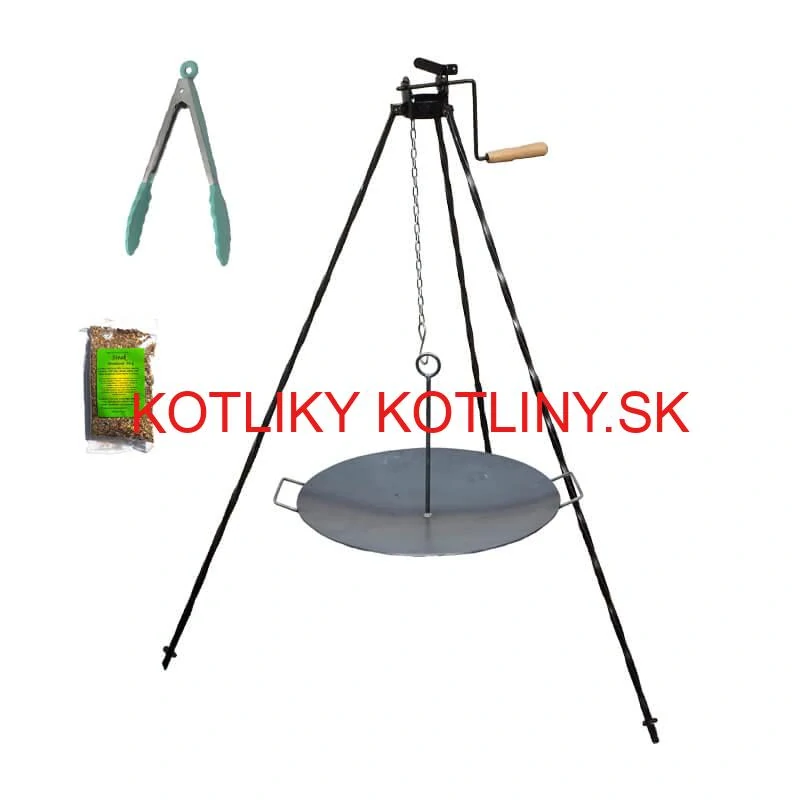 Grilovacia súprava CLASSIC STEEL PRO: Trojnožka 1,2 m s kladkou + Železná panvica 49 cm
