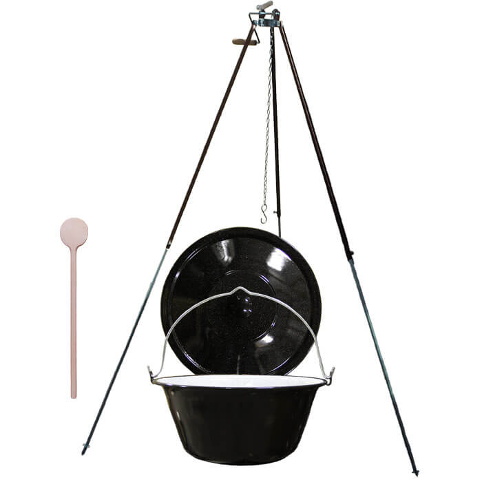Smaltovaný kotlík 25 L (1,2 mm) + teleskopická trojnožka s poistnou kladkou + pokrievka