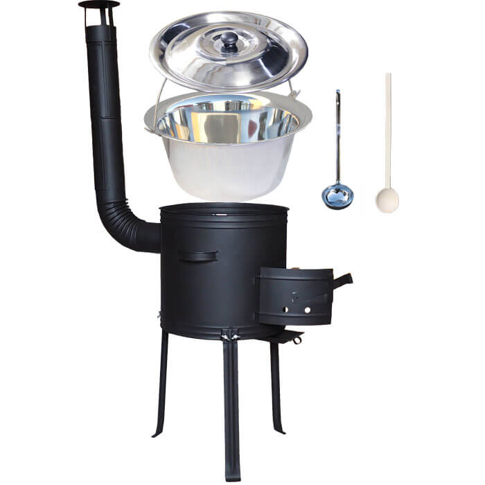 Antikorový kotlík 22 L (0,8 mm) + kovová kotlina s vysokými nožičkami 42 cm, žiaruvzdorná farba Plus 700 + vareška a naberačka