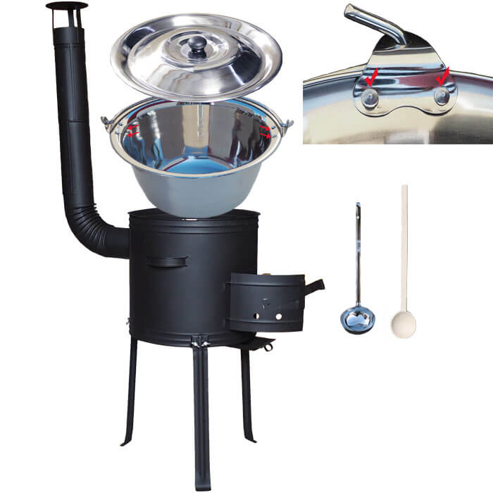 Antikorový kotlík 15 L (0,8 mm) zosilnený s nitmi + kovová kotlina s vysokými nožičkami 36 cm, žiaruvzdorná farba Plus 700 + vareška a naberačka