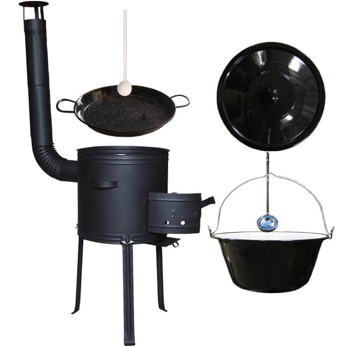 Smaltovaný kotlík 20 L + Paella panvica 46 cm + kovová kotlina s vysokými nožičkami 42 cm, žiaruvzdorná farba Plus 700