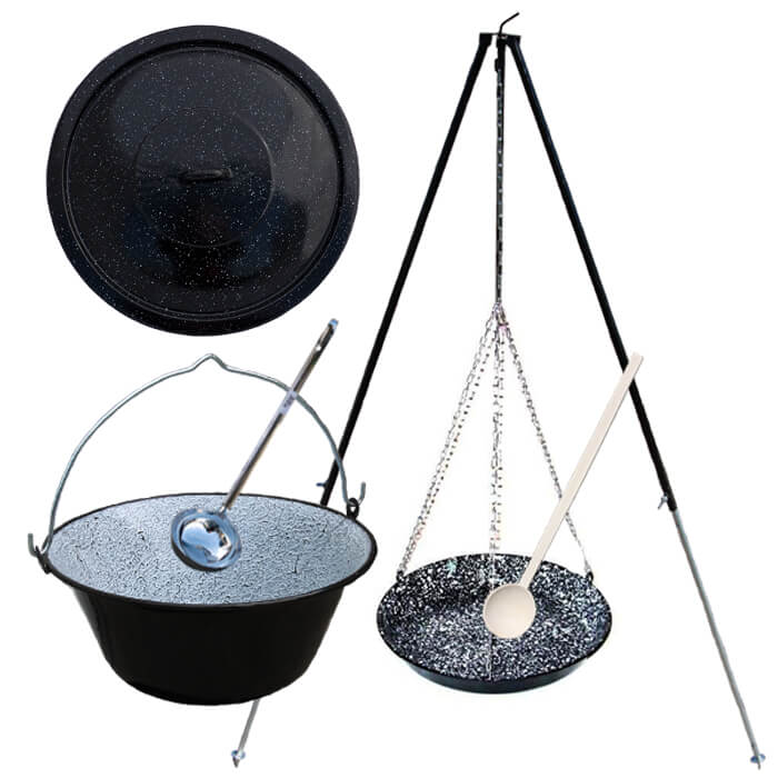 Smaltovaný kotlík 30 L + panvica na grilovanie + teleskopická trojnožka