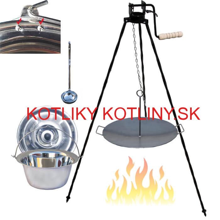 Antikorový kotlík 15 L (0,8 mm) s nitmi + panvica na grilovanie a stojan s kladkou VAR