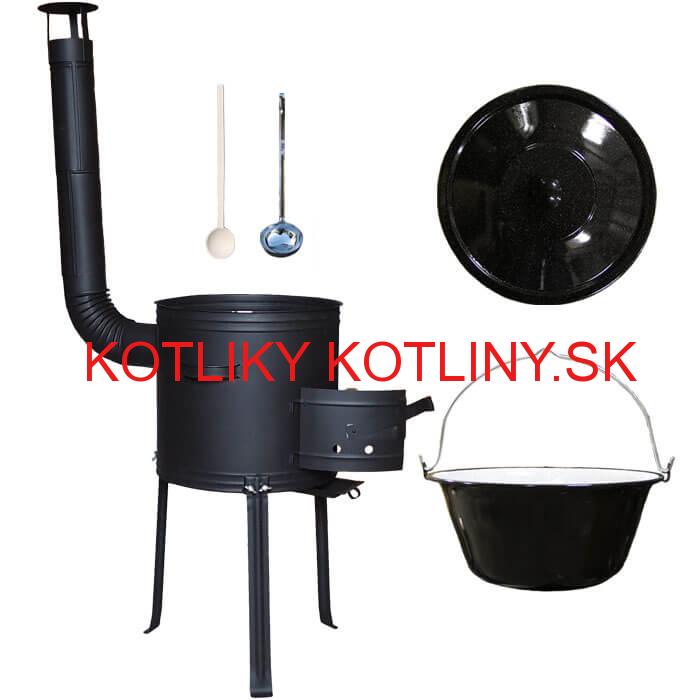 Smaltovaný kotlík 13 L (1,2 mm) + kovová kotlina s vysokými nožičkami 36 cm + vareška a naberačka