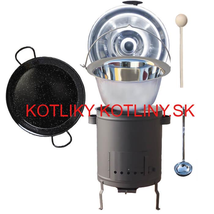 Nerezový kotlík 14 L (0,8 mm) + Paella panvica 38 cm + hrubostenná (1,5 mm) žiaruvzdorná kotlina (1,5 mm) 36 PLUS 600