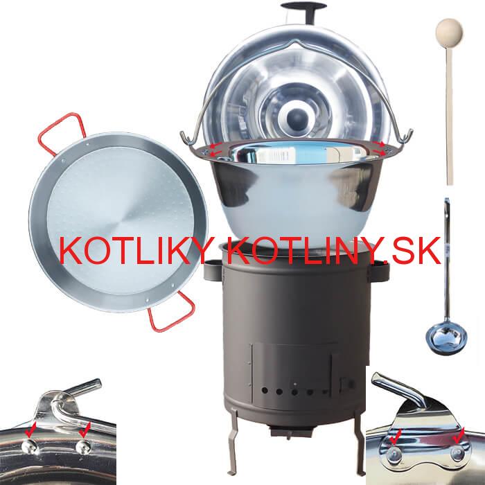 Nerezový kotlík 15 L (0,8 mm) zosilnený s nitmi + Paella panvica 38 cm + hrubostenná (1,5 mm) žiaruvzdorná kotlina 36 PLUS 600
