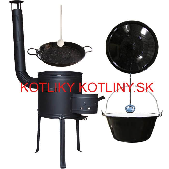 Smaltovaný kotlík 20 L + Paella panvica 46 cm + kovová kotlina s vysokými nožičkami 42 cm, žiaruvzdorná farba Plus 700
