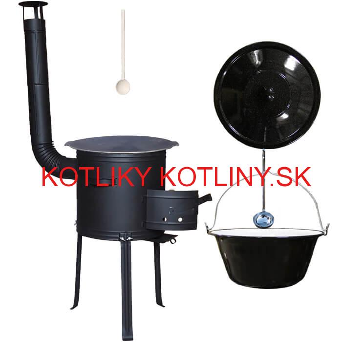Smaltovaný kotlík 25 L + Liatinová panvica 45 cm + kovová kotlina s vysokými nožičkami 42 cm, žiaruvzdorná farba Plus 700