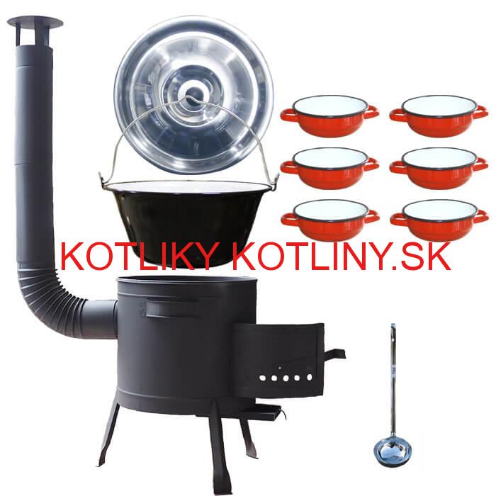 Smaltovaný kotlík 25 L + selské misky 6 ks + nízka žiaruvzdorná kotlina 42 cm PLUS 600