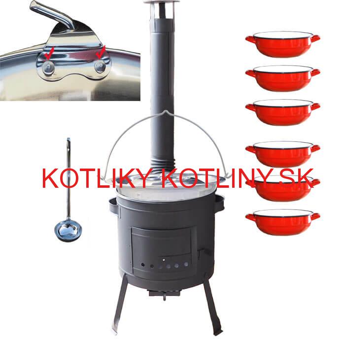 Nerezový kotlík 15 L (0,8 mm) s nitmi INOX + selské misky 6 ks + nízka žiaruvzdorná kotlina 36 cm PLUS 600