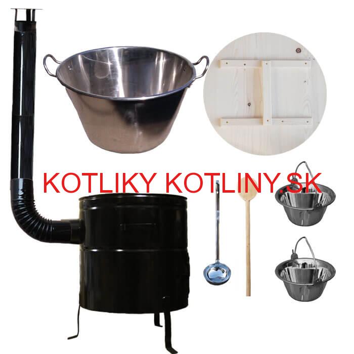 Zabíjačkový nerezový kotol 100 L, kovová kotlina 60 cm, smaltovaná pokrievka + 2 servírovacie antikorové kotlíky