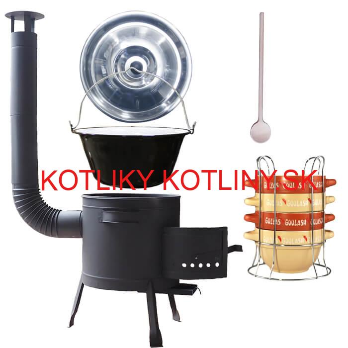 Smaltovaný kotlík 22 L (1,2 mm) + misky na guláš 4 ks + nízka žiaruvzdorná kotlina 42 PLUS 600
