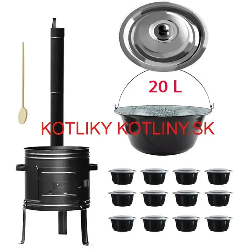 Smaltovaný kotlík 20 L (0,8 mm) + kovová kotlina 42 KOV + vareška + misky 12 ks