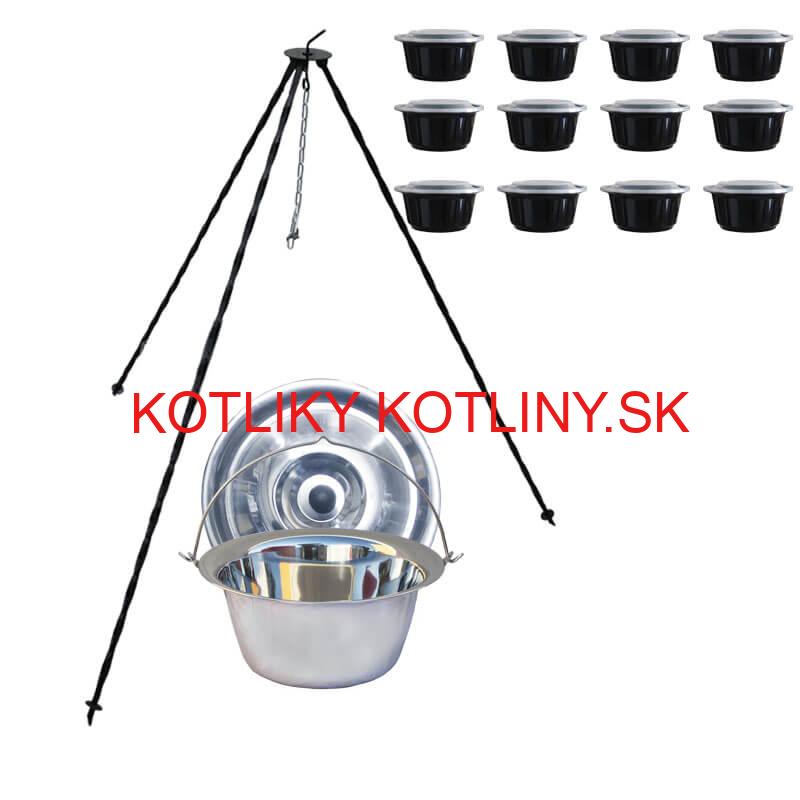 Nerezový kotlík 10 L (0,8 mm) + antikorová pokrievka + stojan + misky 12 ks