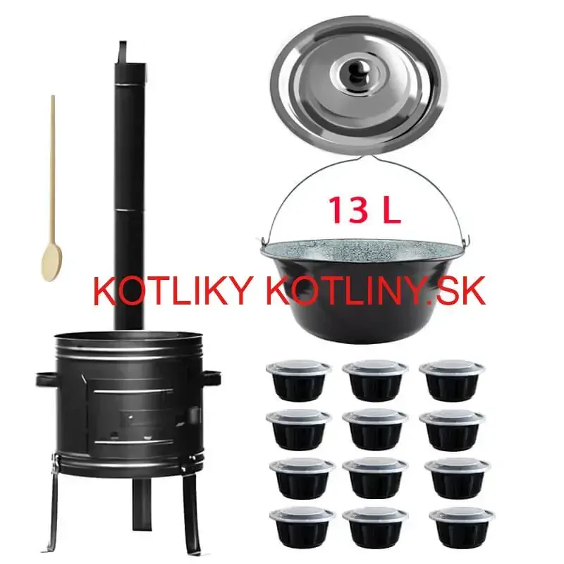 Smaltovaný kotlík 13 L + kovová kotlina 36 KOV + misky 12 ks