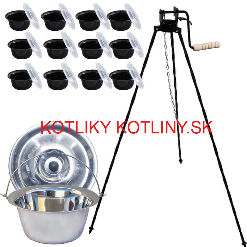 Nerezový kotlík 14 L (0,8 mm) INOX+ stojan s kladkou VAR + misky 12 ks