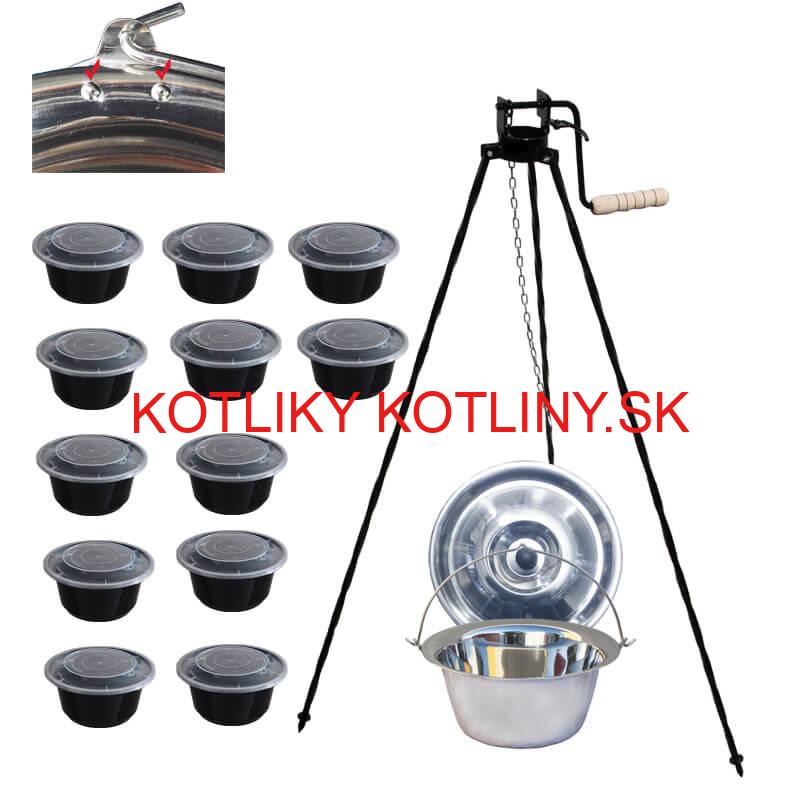 Antikorový kotlík 15 L (0,8 mm) s nitmi + stojan s kladkou VAR + misky 12 ks