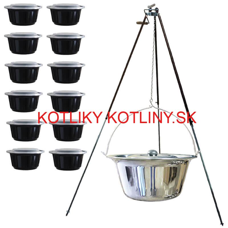 Antikorový kotlík 20 L (1,2 mm) + teleskopická trojnožka s poistnou kladkou + misky 12 ks