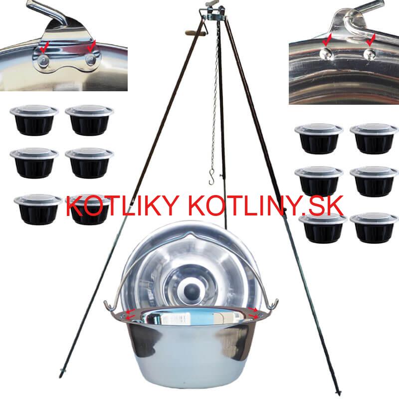 Antikorový kotlík 30 L (0,8 mm) s nitmi + teleskopická trojnožka s poistnou kladkou + misky 12 ks
