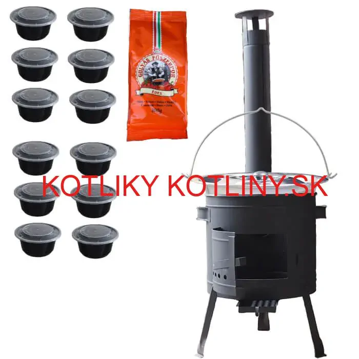 Nerezový kotlík 22 L (0,8 mm) INOX + hrubostenná (1,5 mm) žiaruvzdorná kotlina BALKY STRONG 42 PLUS 600 + misky 12 ks + paprikové korenie na guláš 100 g
