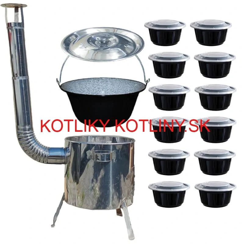 Smaltovaný kotlík 13 L + Nerezová kotlina 36 INOX LUSTRO + misky 12 ks