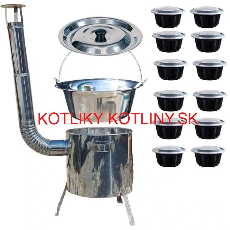 Nerezový kotlík 14 L (0,8 mm) INOX + Nerezová kotlina 36 INOX LUSTRO + misky 12 ks