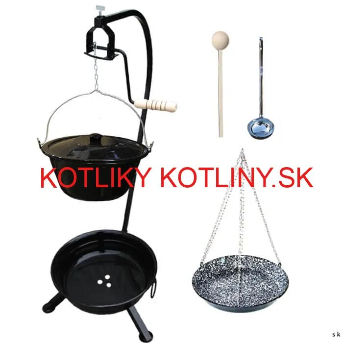Smaltovaný kotlík 20 L (1,2 mm) + pokrievka + smaltovaná panvica + vareška + naberačka + prenosné ohnisko