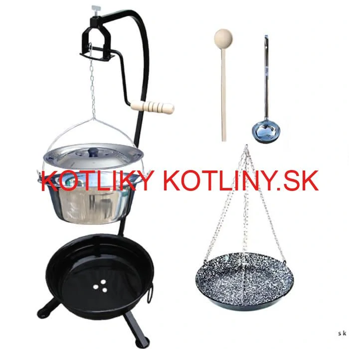 Nerezový kotlík 14 L (0,8 mm) INOX + smaltovaná panvica + ohnisko so stojanom a s poistnou kladkou VAR