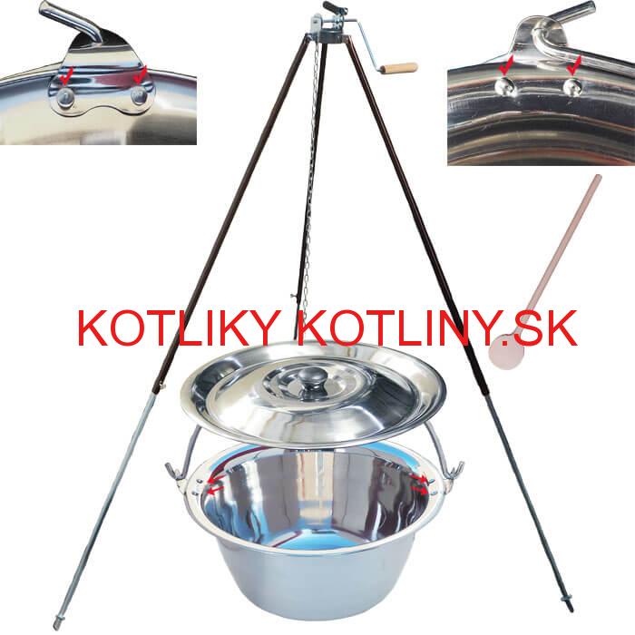 Antikorový kotlík 15 L (0,8 mm) s nitmi + teleskopická trojnožka s poistnou kladkou + pokrievka