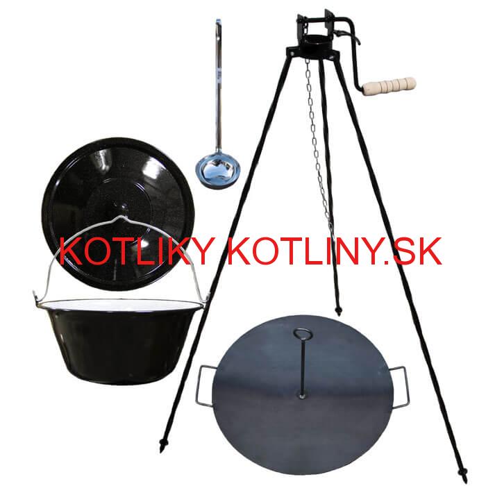 Smaltovaný kotlík 20 L (1,2 mm) + panvica na grilovanie a stojan s kladkou VAR