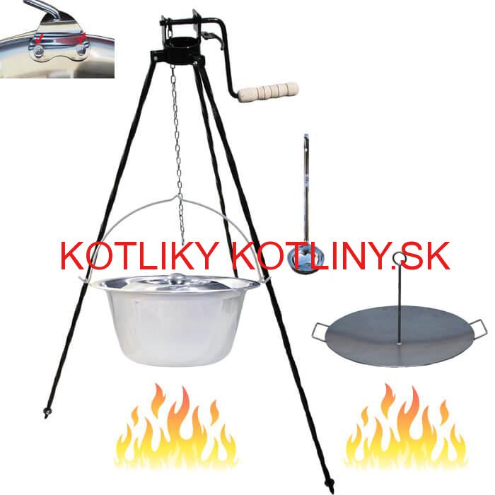 Antikorový kotlík 15 L (0,8 mm) s nitmi + panvica na grilovanie a stojan s kladkou VAR