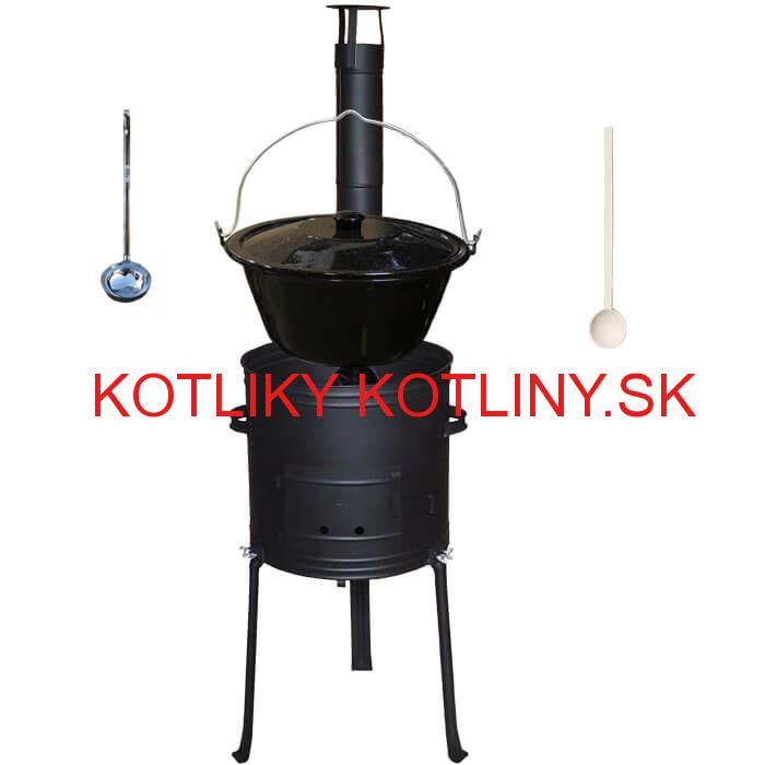Smaltovaný kotlík 25 L (1,2 mm) + kovová kotlina s vysokými nožičkami 42 cm + vareška a naberačka