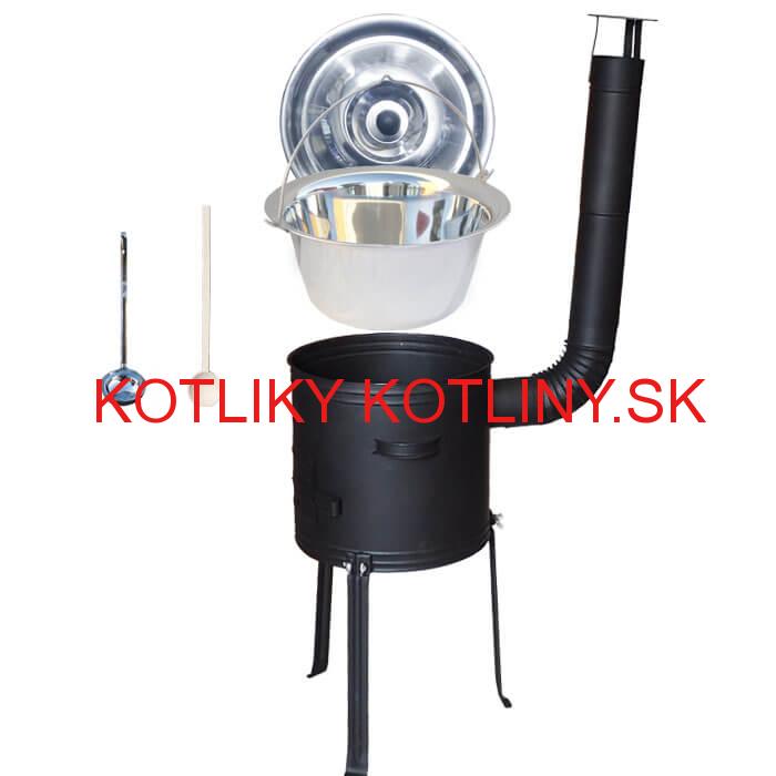 Antikorový kotlík 20 L (1,2 mm) + kovová kotlina s vysokými nožičkami 42 cm + vareška a naberačka