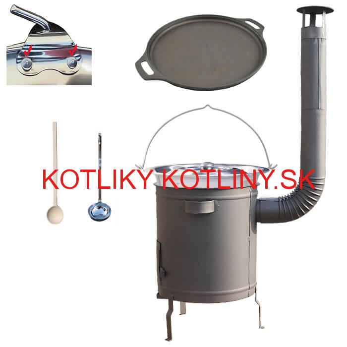 Nerezový kotlík 20 L (0,8 mm) zosilnený s nitmi + Liatinová panvica 43 cm + hrubostenná (1,5 mm) a žiaruvzdorná kotlina 42 PLUS 600