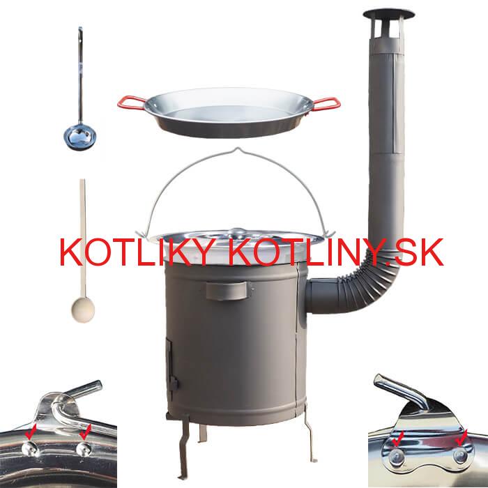Nerezový kotlík 15 L (0,8 mm) zosilnený s nitmi + Paella panvica 38 cm + hrubostenná (1,5 mm) žiaruvzdorná kotlina 36 PLUS 600