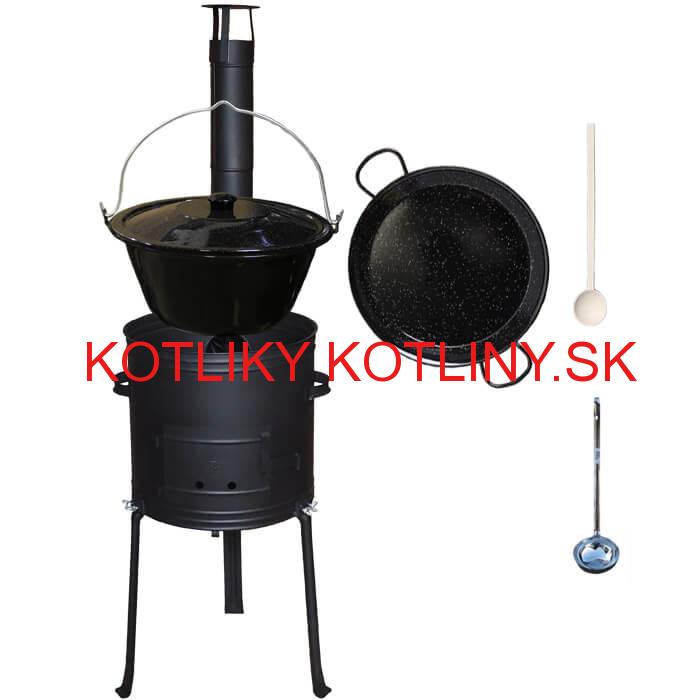 Smaltovaný kotlík 20 L + Paella panvica 46 cm + kovová kotlina s vysokými nožičkami 42 cm, žiaruvzdorná farba Plus 700