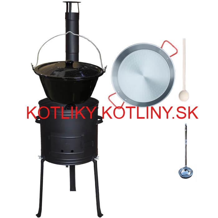 Smaltovaný kotlík 20 L + Paella panvica 46 cm + kovová kotlina s vysokými nožičkami 42 cm, žiaruvzdorná farba Plus 700