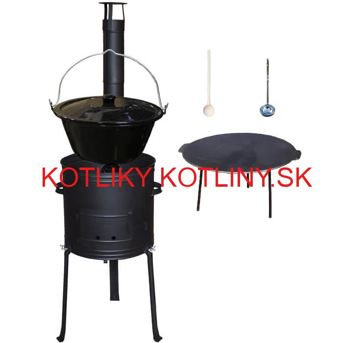 Smaltovaný kotlík 25 L + Liatinová panvica 45 cm + kovová kotlina s vysokými nožičkami 42 cm, žiaruvzdorná farba Plus 700