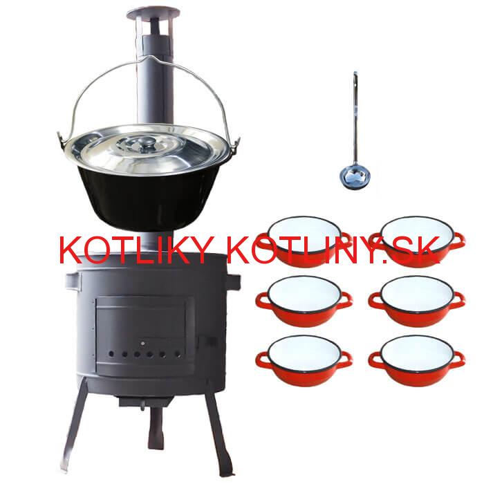 Smaltovaný kotlík 13 L + selské misky 6 ks + nízka žiaruvzdorná kotlina 36 cm PLUS 600