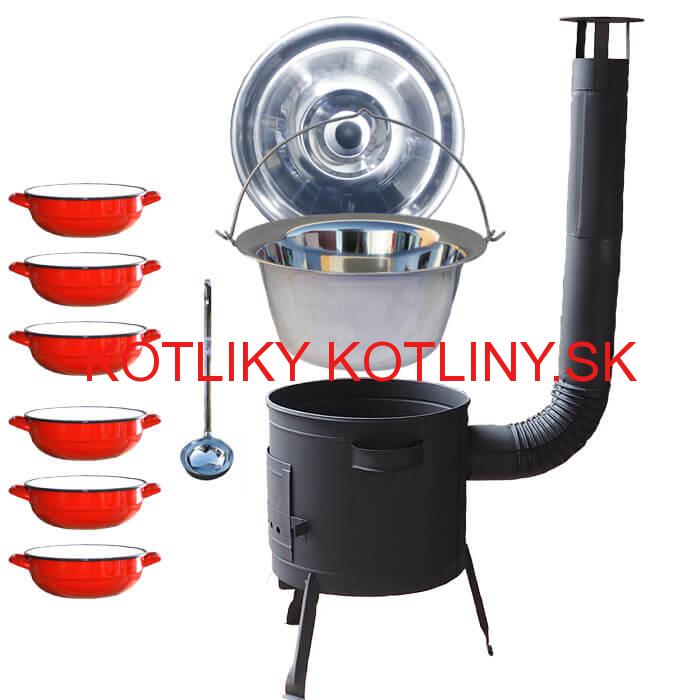 Nerezový kotlík 22 L (0,8 mm) INOX + selské misky 6 ks + nízka žiaruvzdorná kotlina 42 cm PLUS 600