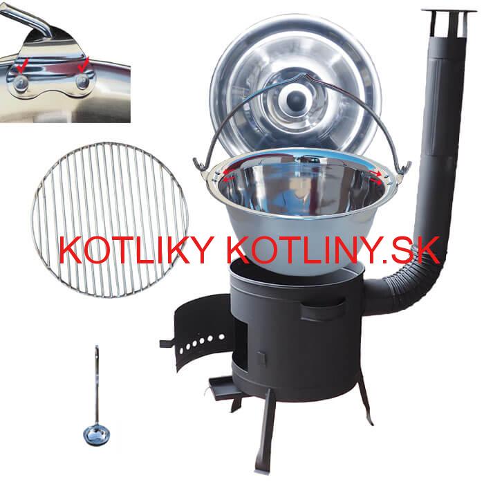 Nerezový kotlík 20 L (0,8 mm) s nitmi INOX + Nerezový rošt 45 cm + nízka žiaruvzdorná kotlina 42 cm PLUS 600