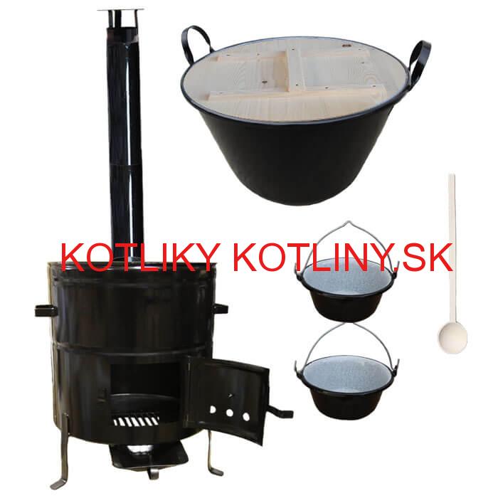 Zabíjačkový smaltovaný kotol 100 L + kovová kotlina 60 cm + 2 servírovacie kotlíky