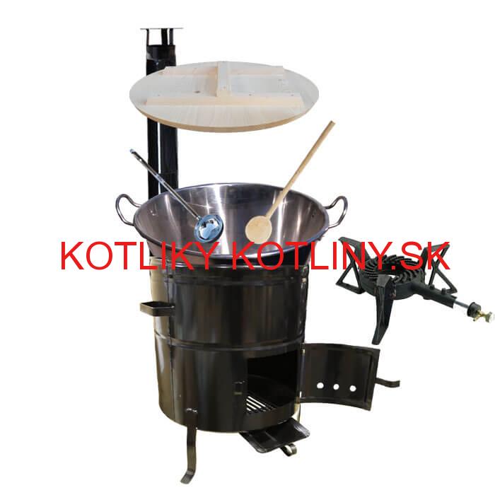 Zabíjačkový nerezový kotol 100 L, kovová kotlina 60 cm, drevená pokrievka, horák 7 kW + dymovod